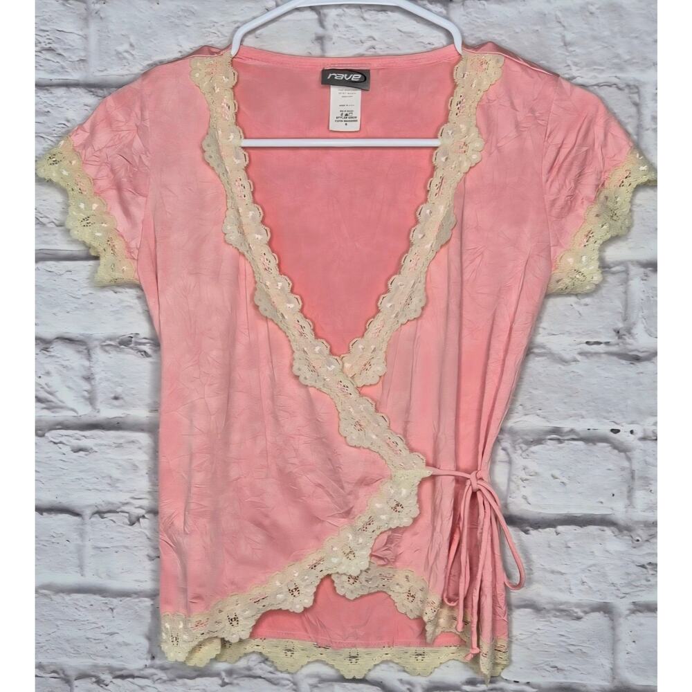 Vintage Y2K Rave Pink Lace Trim Wrap Top Size S Coquette Fairycore mcbling